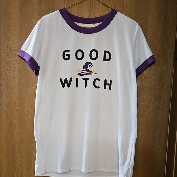 LuLaRoe Tops - LuLaRoe White and Purple Good Witch Tee